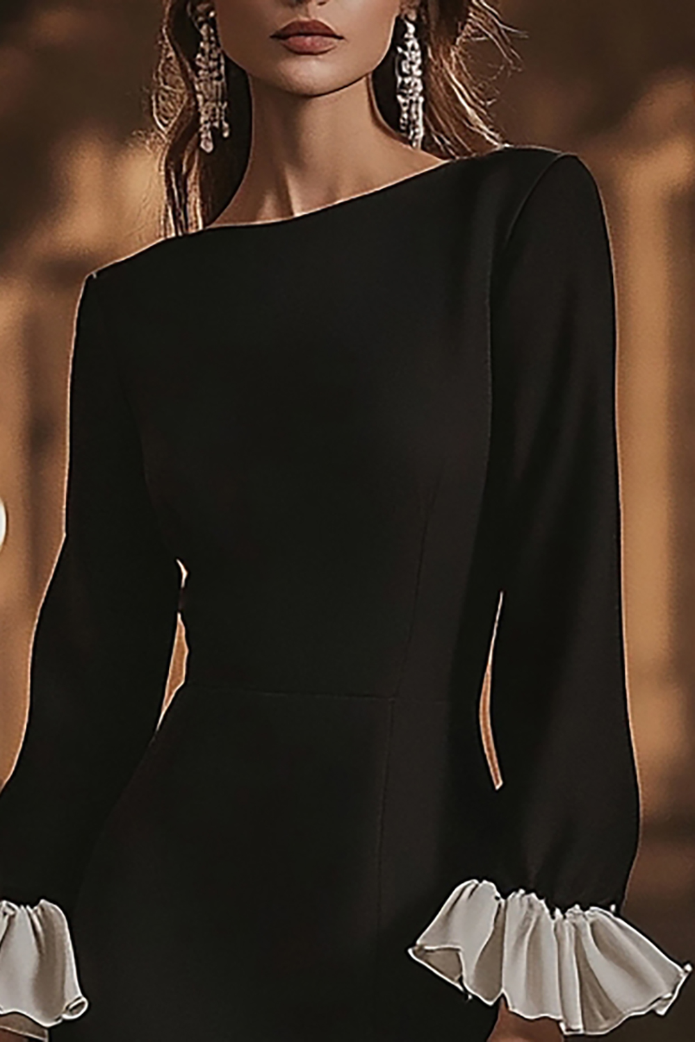 Black and White A Line Ruffled Short Cocktail Dress with Long Sleeves