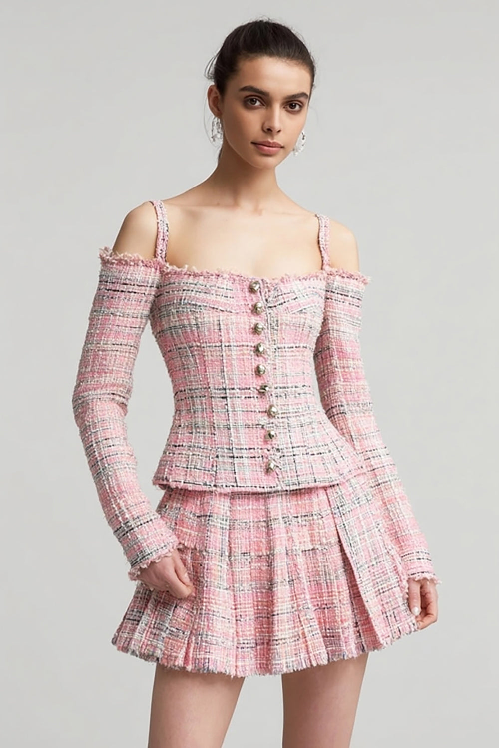 2 Piece Pink Plaid Tweed Cold Shoulder Short Blazer Homecoming Outfits