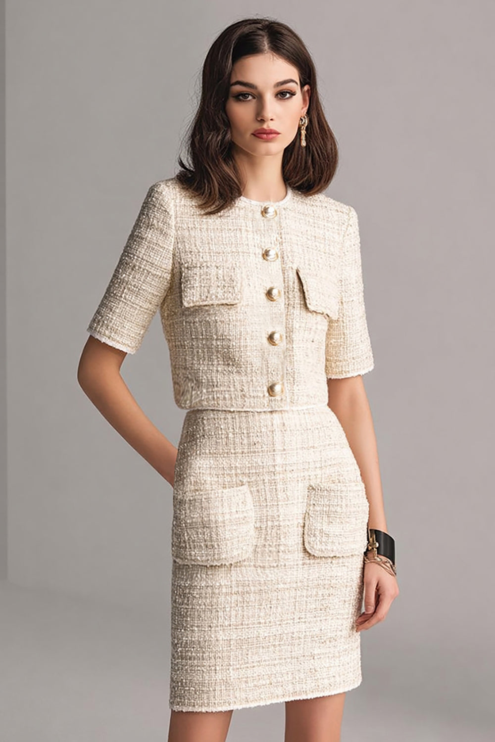 2 Piece Ivory Tweed Pencil Short Blazer Homecoming Outfits