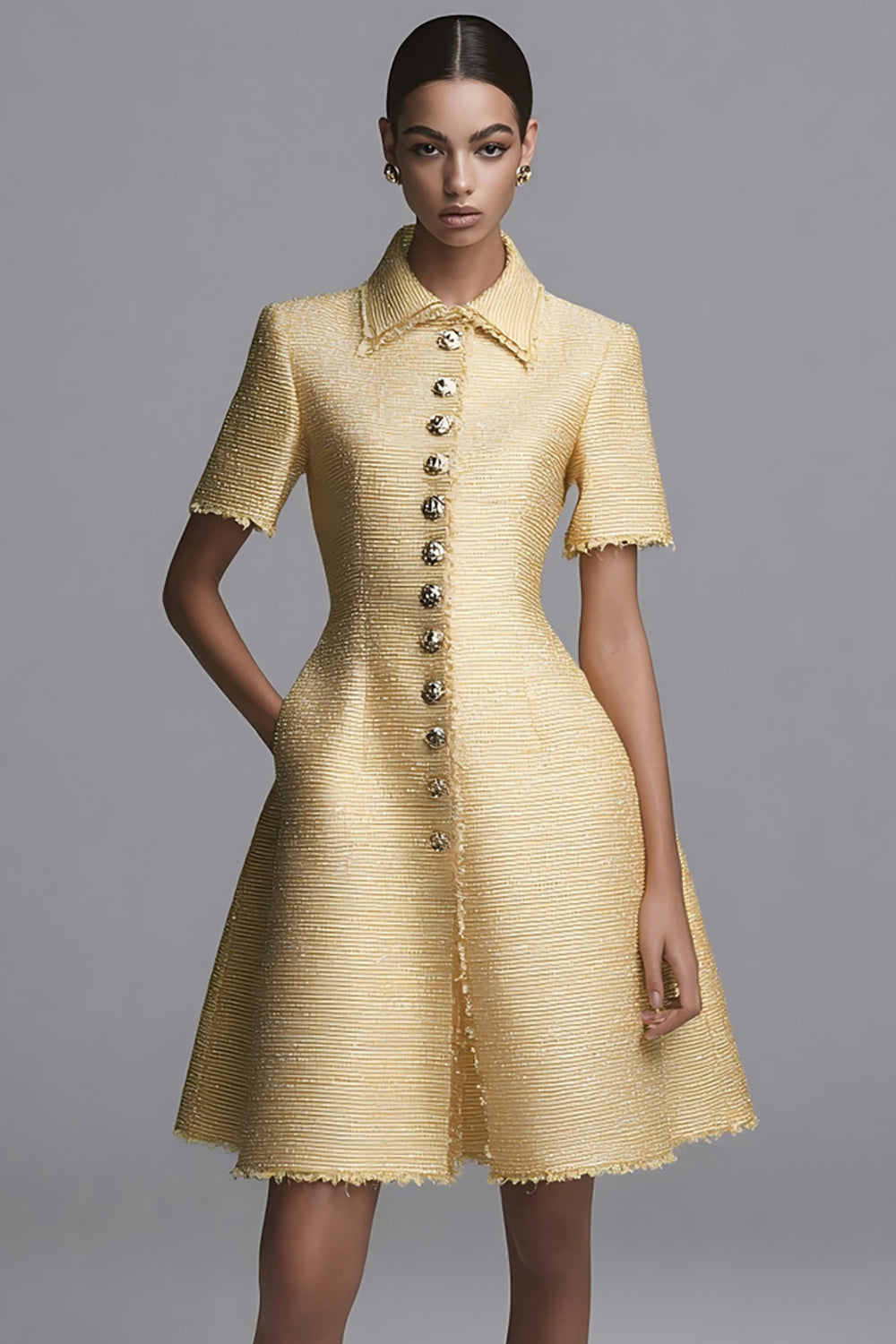 Yellow A Line Tweed Buttons Short Homecoming Outfits with Sleeves