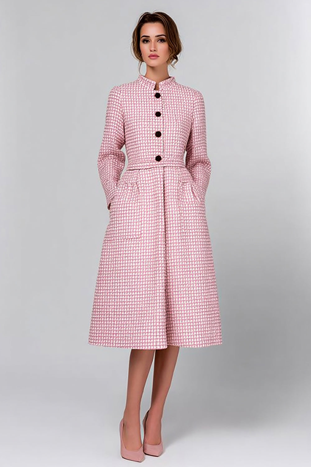 Pink Plaid Tweed A Line Midi Pageant Interview Outfits with Long Sleeves