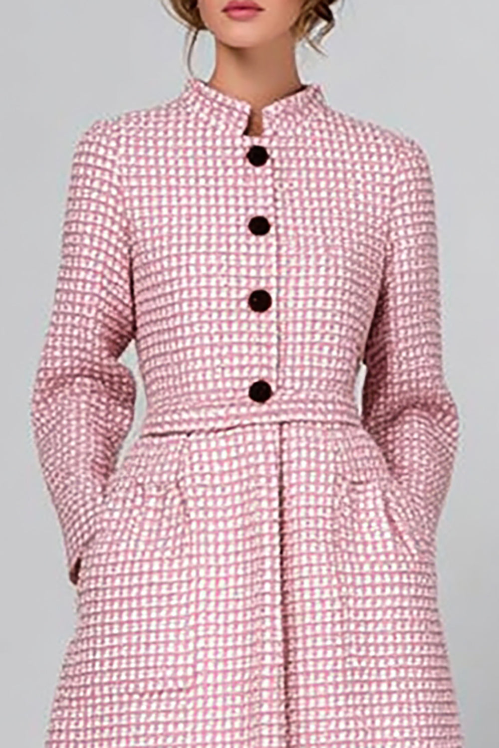 Pink Plaid Tweed A Line Midi Pageant Interview Outfits with Long Sleeves
