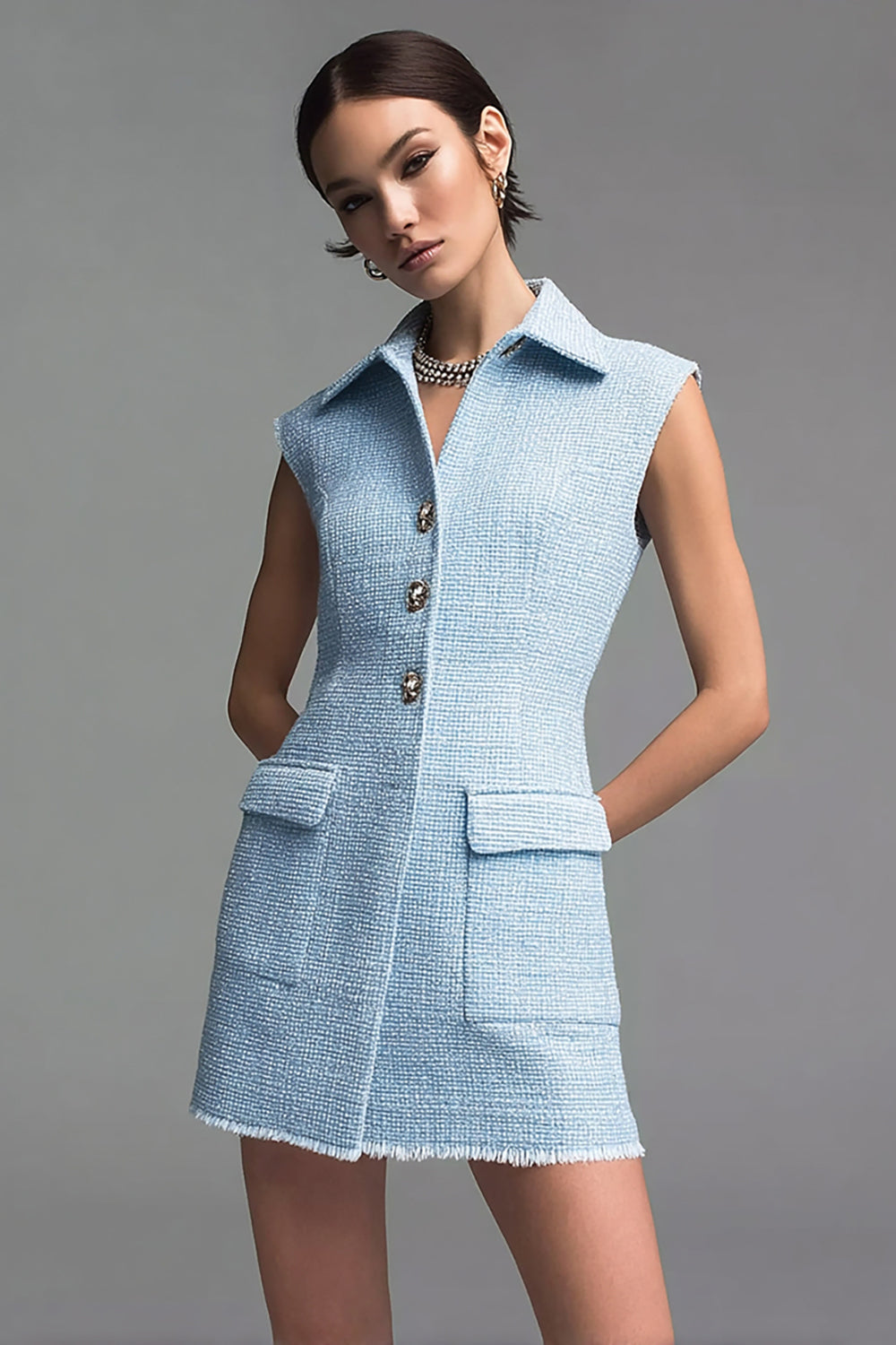 Sky Blue Tweed Collar Neck Short Tight Homecoming Outfits with Buttons