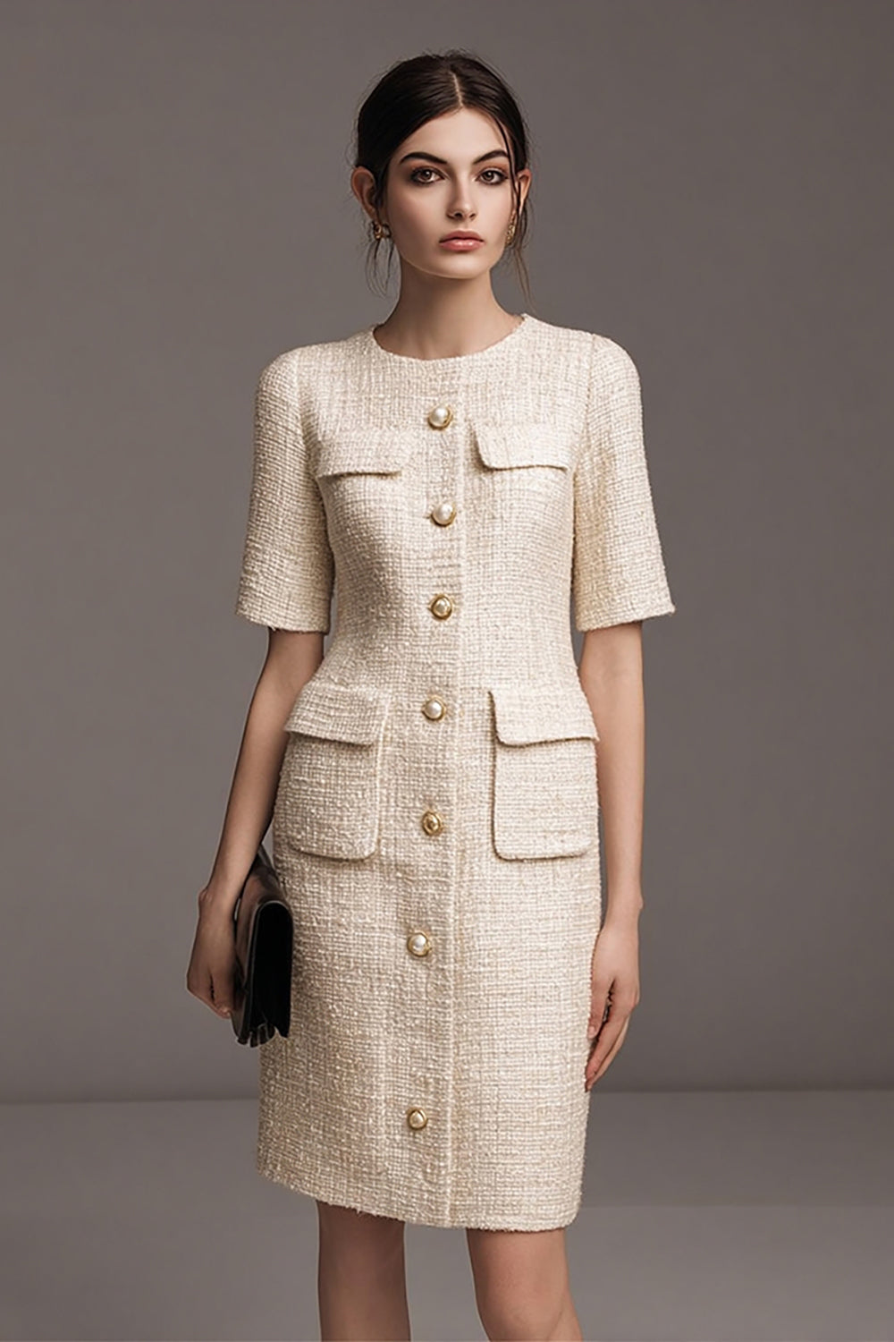 Ivory Pencil Tweed Pearls Short Homecoming Outfits with Buttons