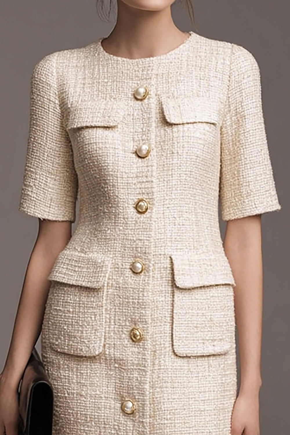 Ivory Pencil Tweed Pearls Short Homecoming Outfits with Buttons