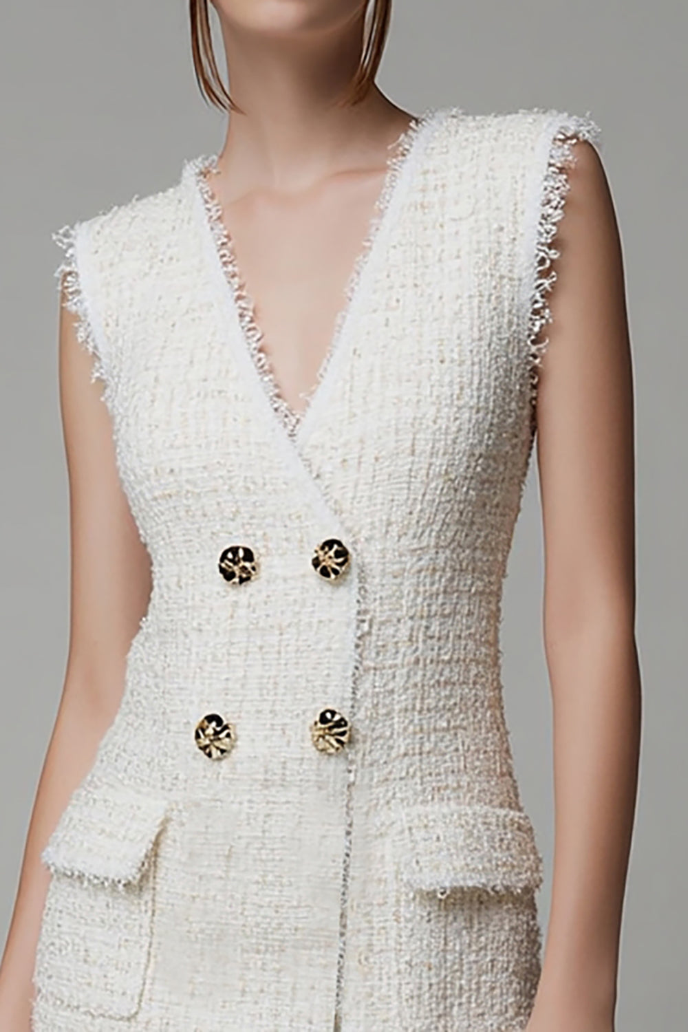 Ivory Tweed Buttons Short Tight Homecoming Outfits with Pockets