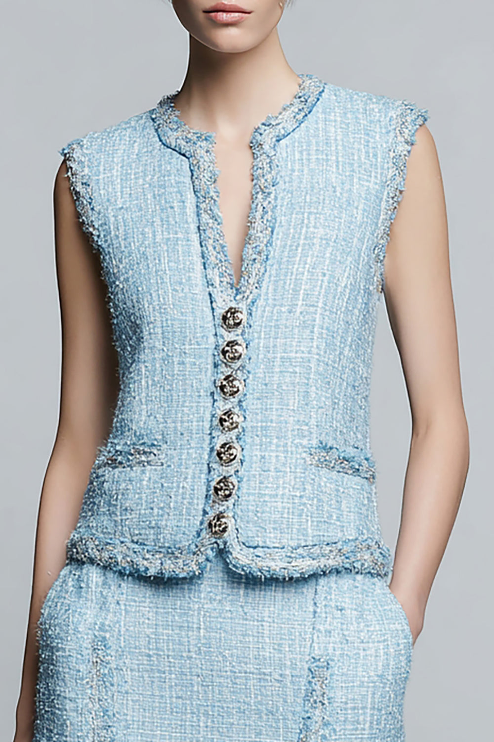 Sky Blue Tweed Buttons 2 Piece Blazer Homecoming Outfits with Ruffles