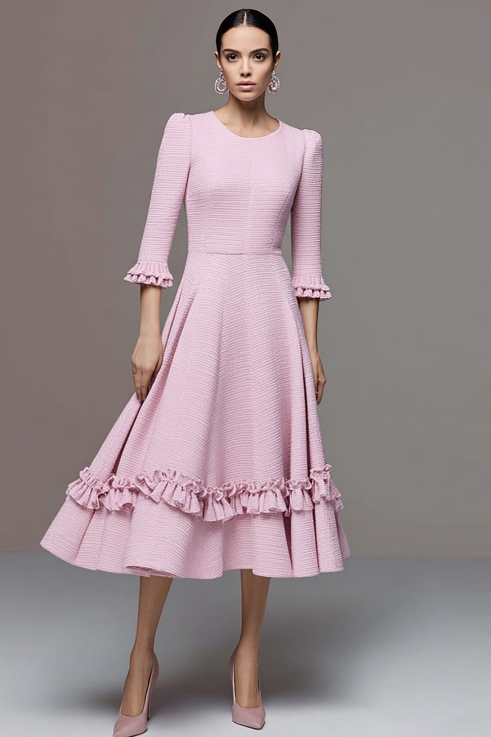 Pink Tweed A Line Midi Ruffled Homecoming Outfits with Sleeves