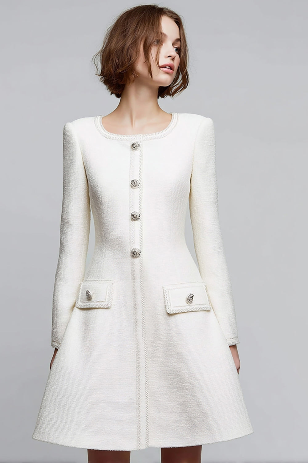 Ivory A Line Tweed Round Neck Short Homecoming Outfits with Buttons