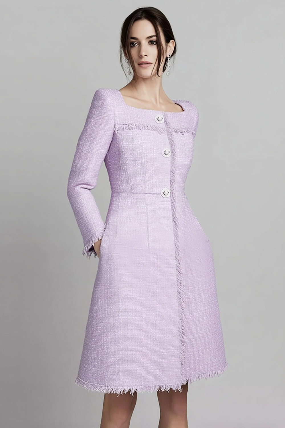 Lilac A Line Tweed Square Neck Midi Homecoming Outfits with Buttons