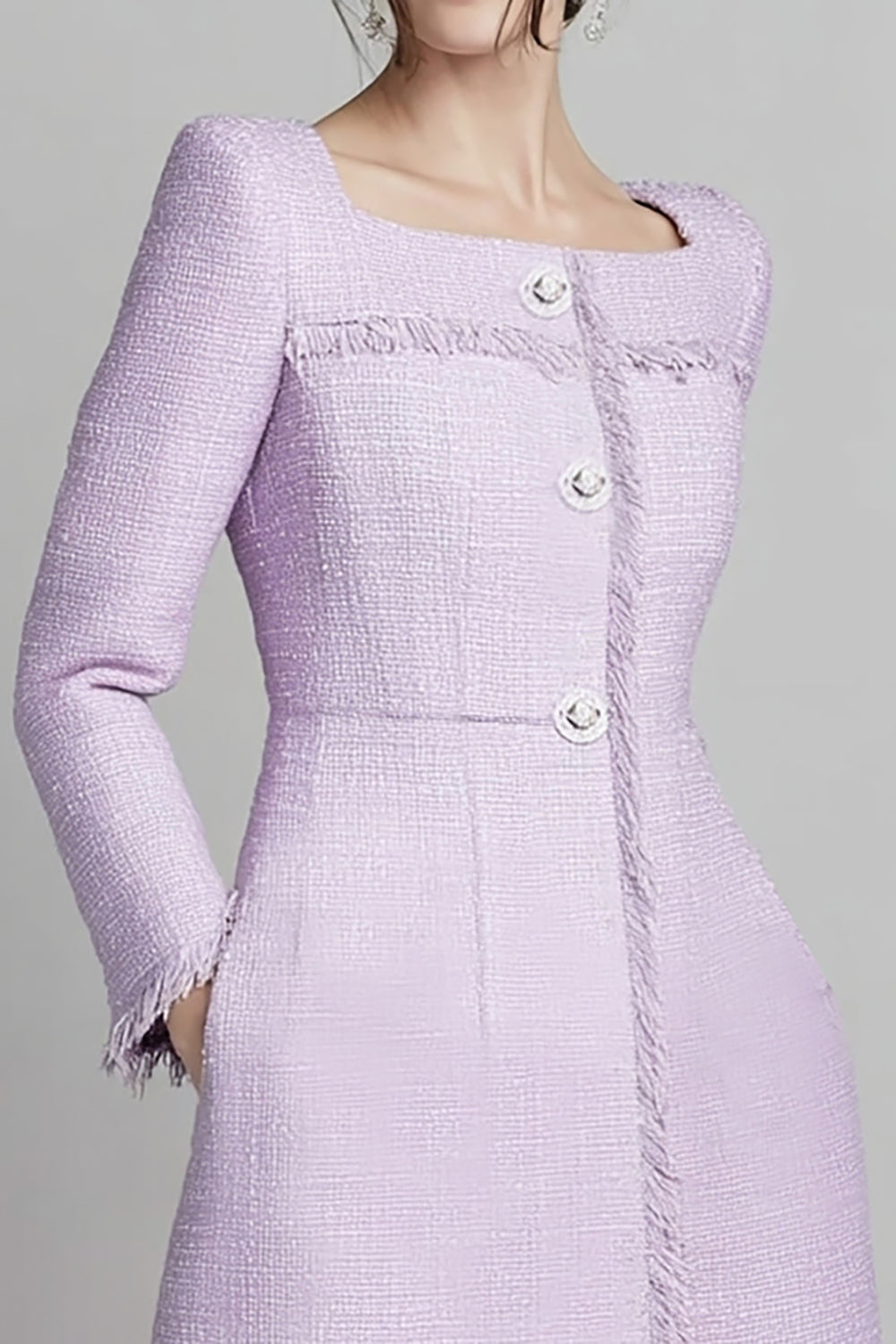 Lilac A Line Tweed Square Neck Midi Homecoming Outfits with Buttons