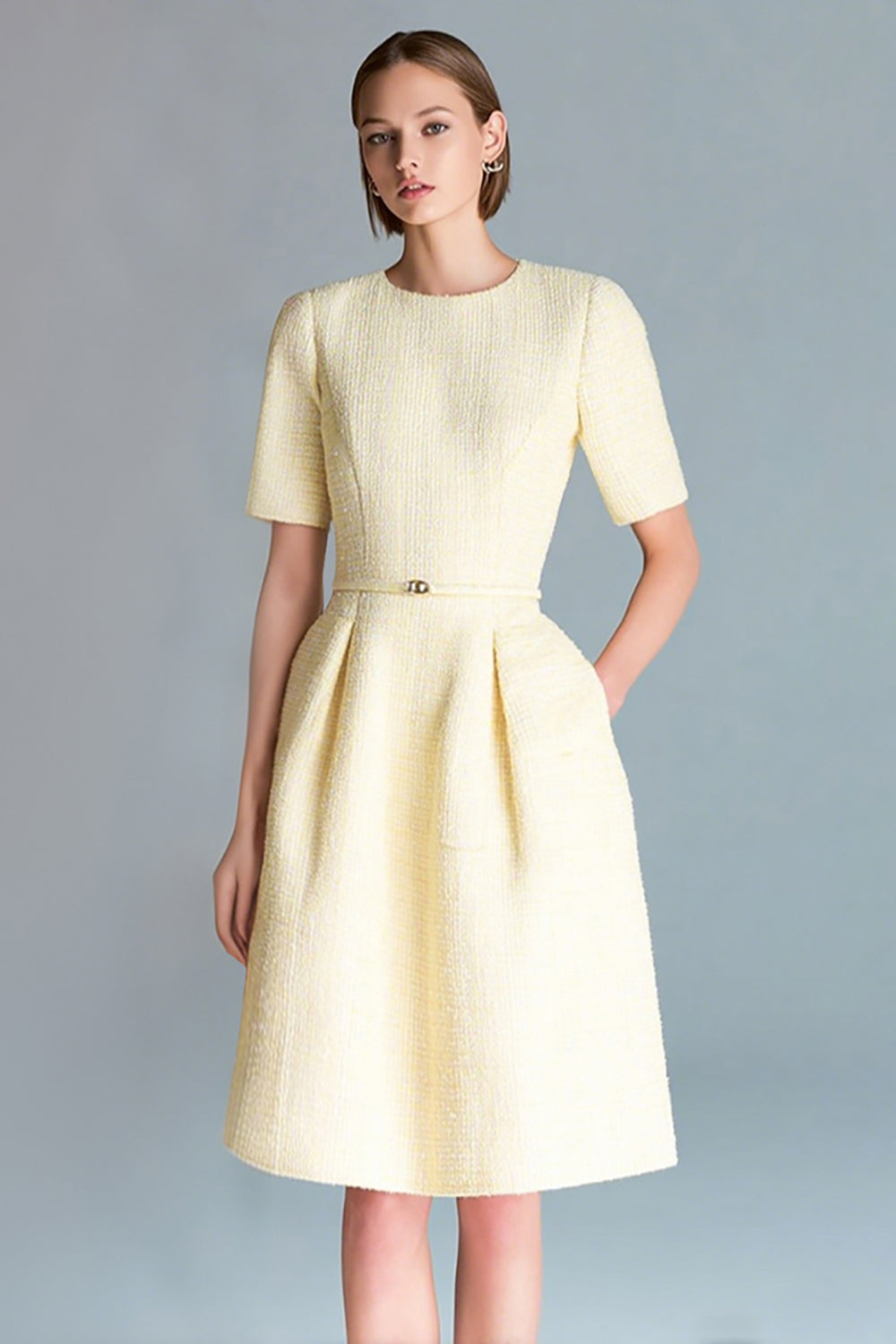 Light Yellow Tweed Round Neck A Line Homecoming Outfits