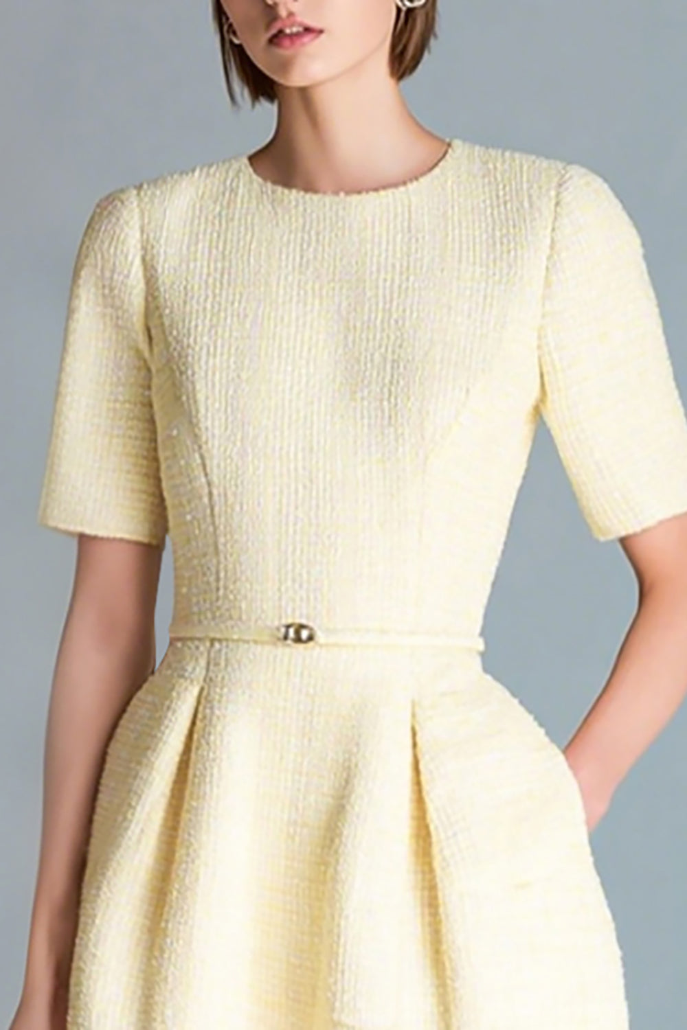 Light Yellow Tweed Round Neck A Line Homecoming Outfits