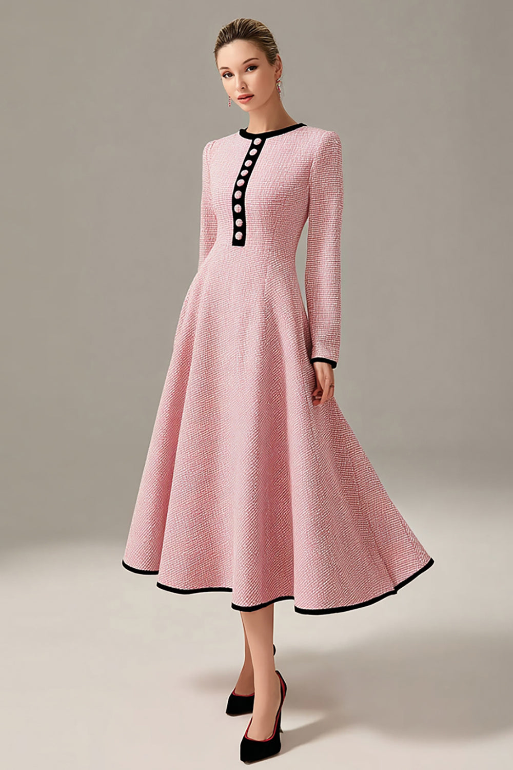 Pink A Line Tweed Midi Homecoming Outfits with Buttons