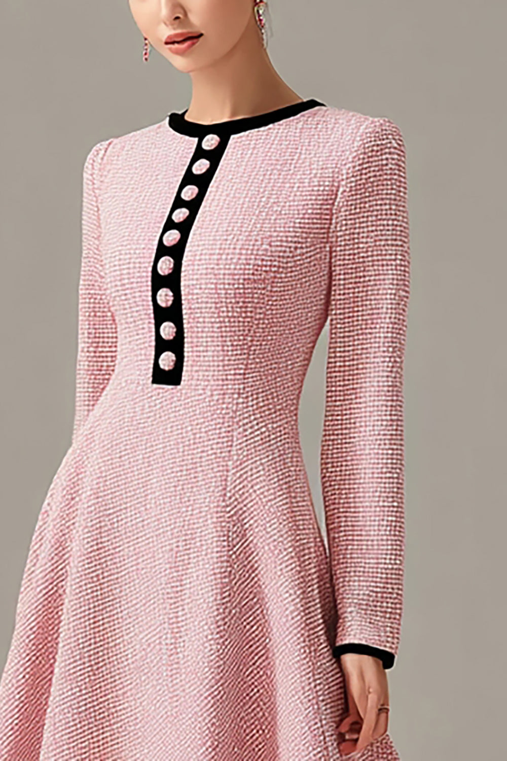 Pink A Line Tweed Midi Homecoming Outfits with Buttons