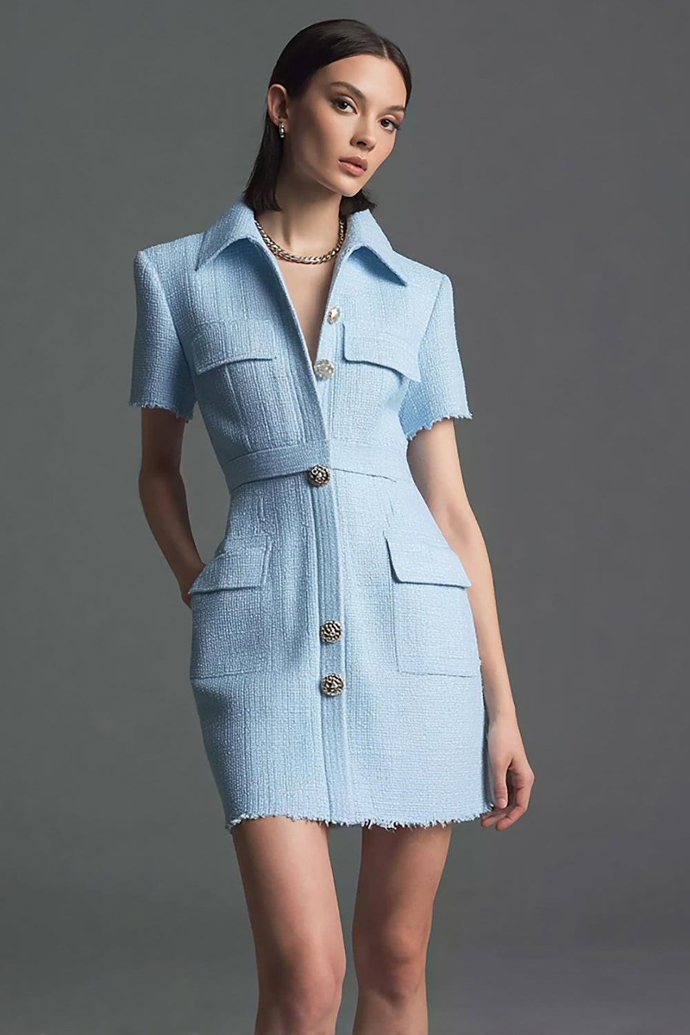 Sky Blue Tweed Tight Short Sleeves Homecoming Outfits with Buttons
