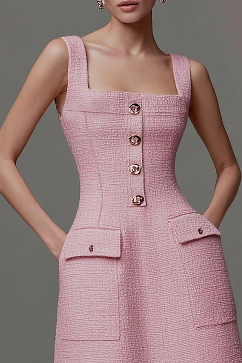 Pink Tight Tweed Square Neck Cami Short Homecoming Dress