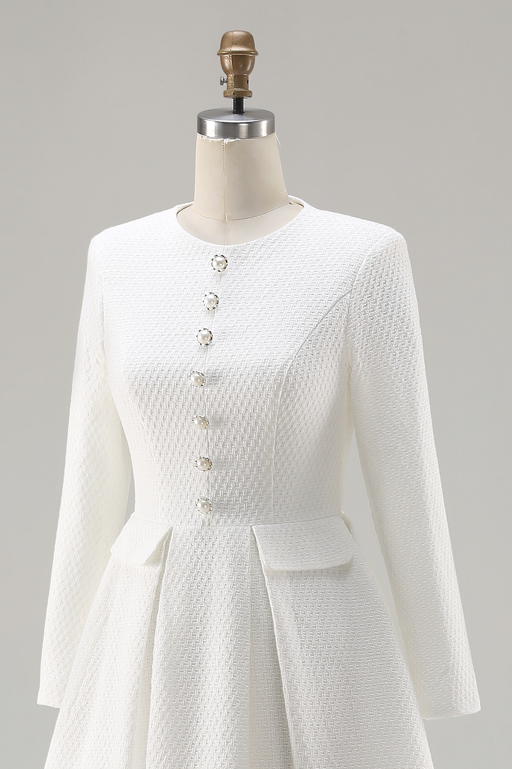 Ivory Tweed A Line Long Sleeves Coat Dress with Pockets