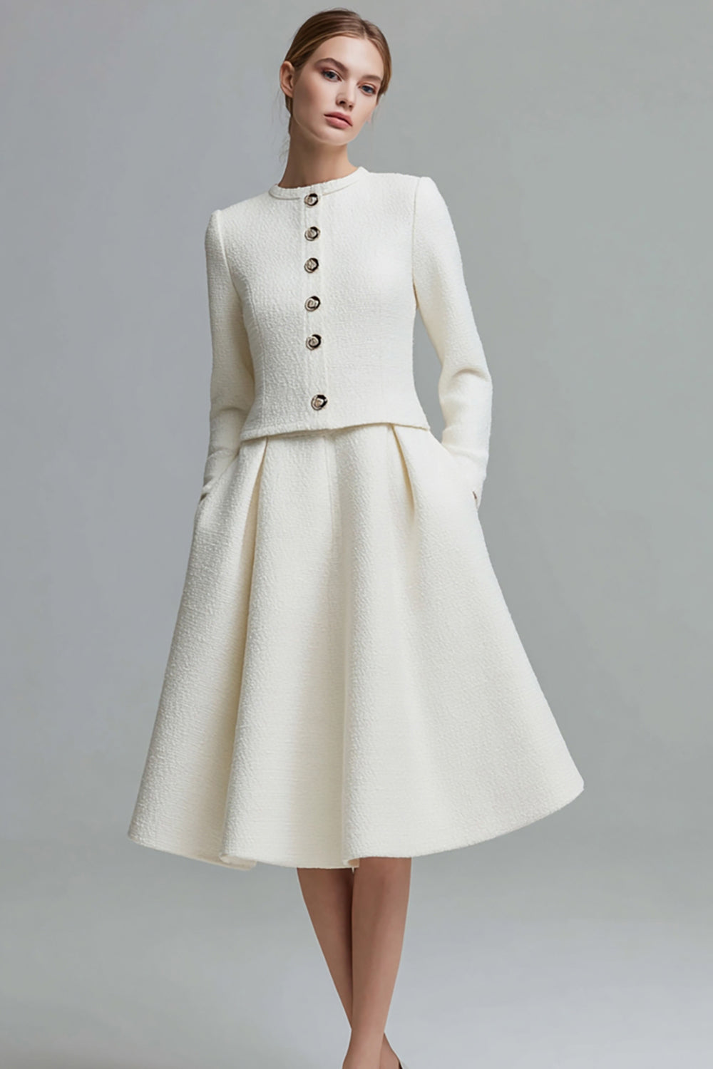 2 Piece Ivory Tweed Midi Homecoming Outfits with Buttons