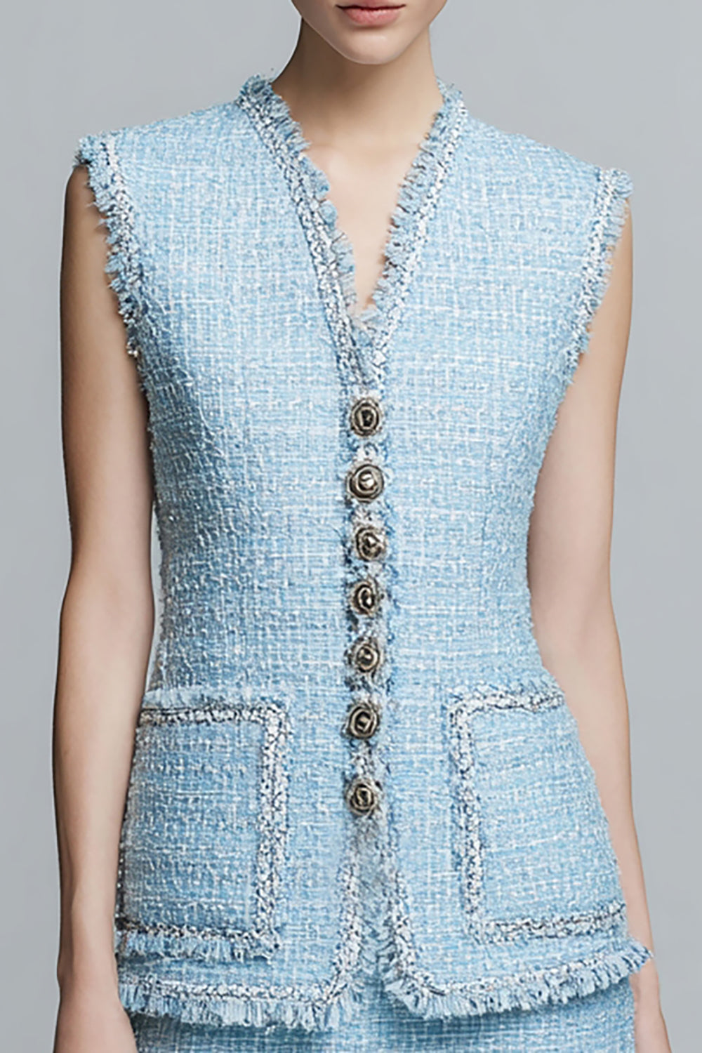 2 Piece Sky Blue Tweed Short Homecoming Outfits with Ruffles