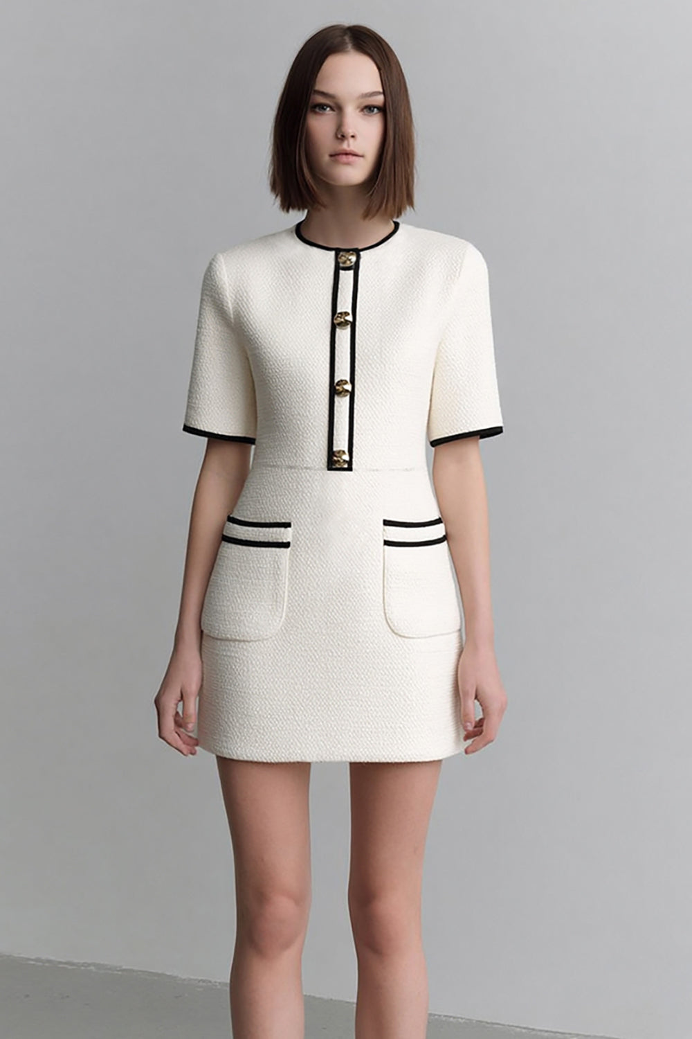 Ivory Tweed Round Neck Short Tight Pageant Interview Dress with Sleeves