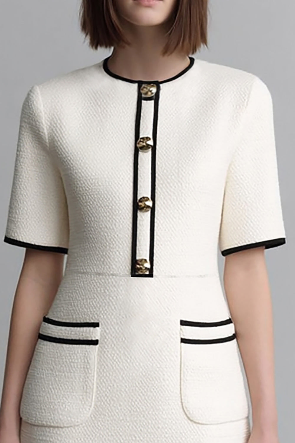 Ivory Tweed Round Neck Short Tight Pageant Interview Dress with Sleeves