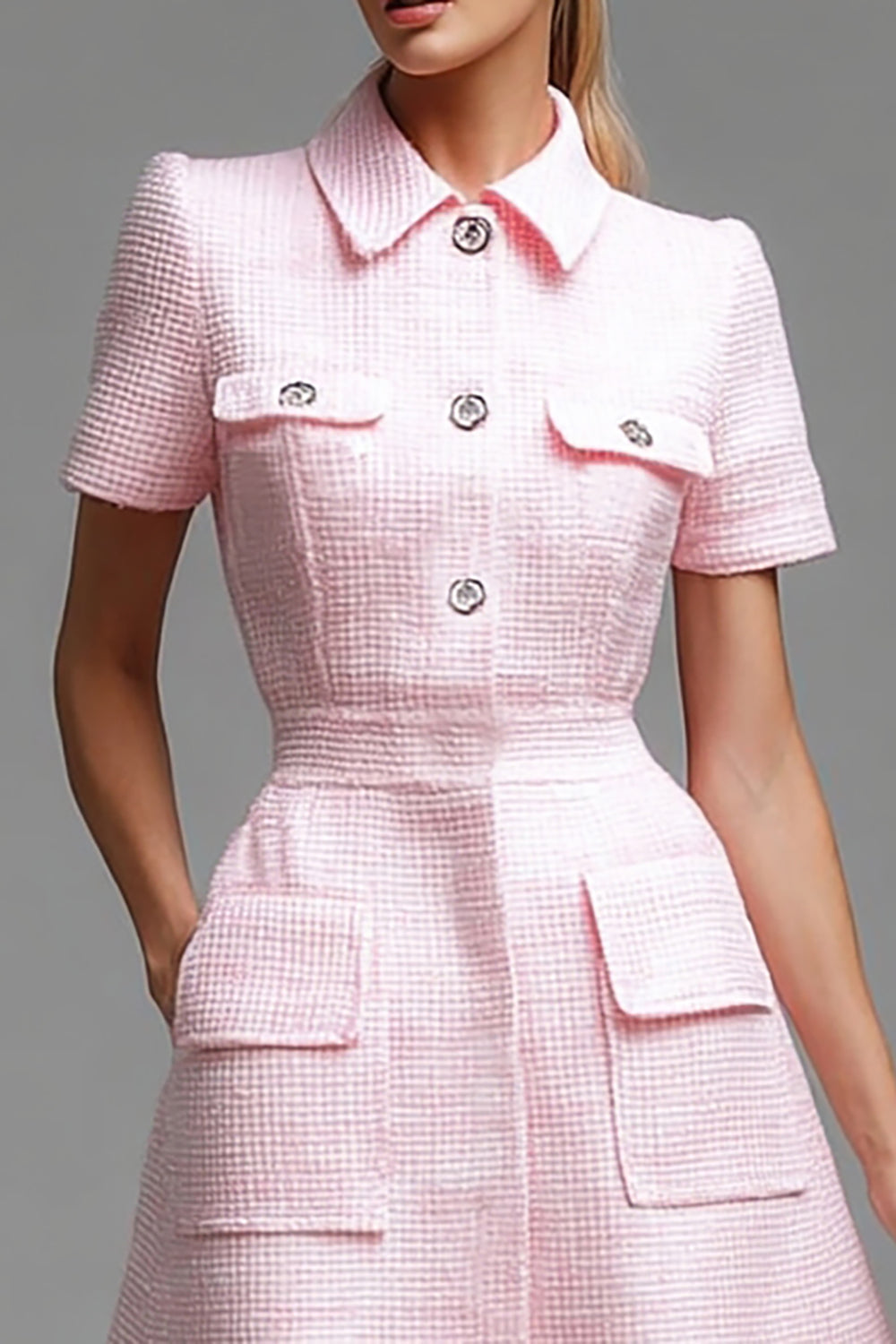 Pink Tweed Buttons Short Homecoming Dress with Sleeves