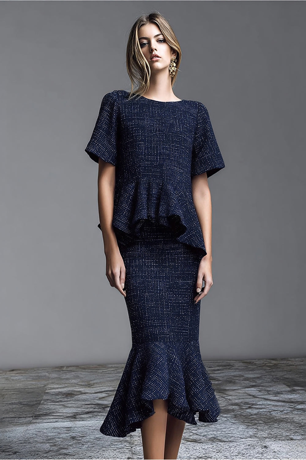 2 Piece Navy Tweed Midi Homecoming Outfits with Ruffles