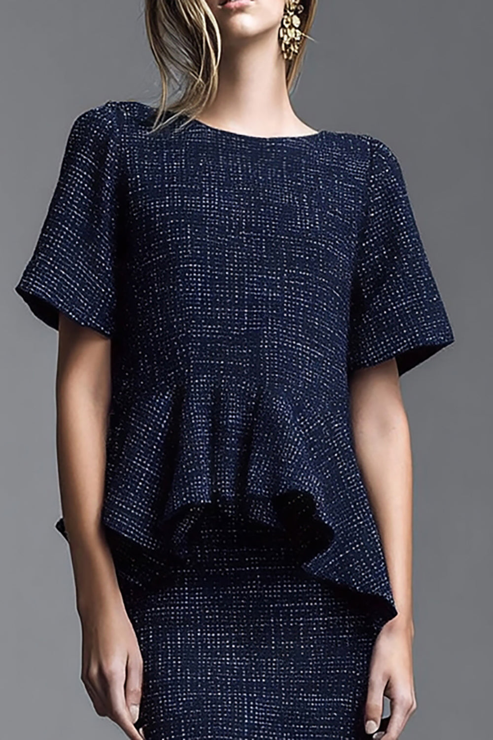 2 Piece Navy Tweed Midi Homecoming Outfits with Ruffles