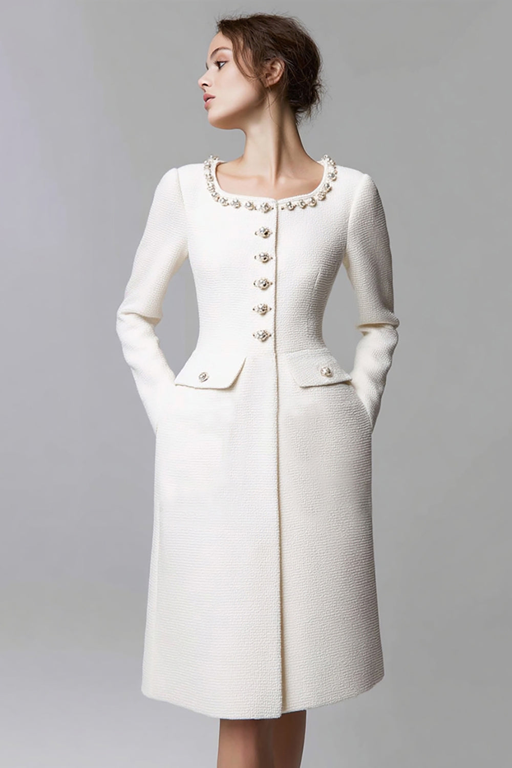 Ivory Tweed Scoop Neck Short Tight Pageant Interview Dress with Pearls