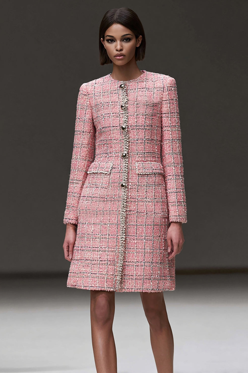 Pink Plaid Tweed Short Tight Homecoming Dress with Sleeves