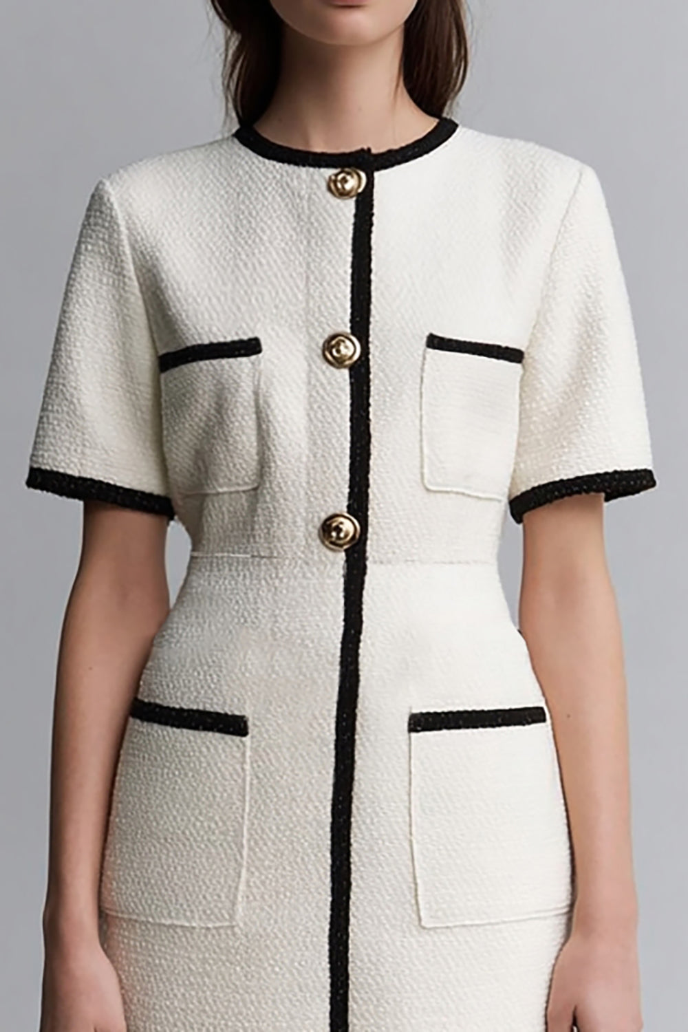 Ivory Tweed Round Neck Short Tight Pageant Interview Dress with Sleeves