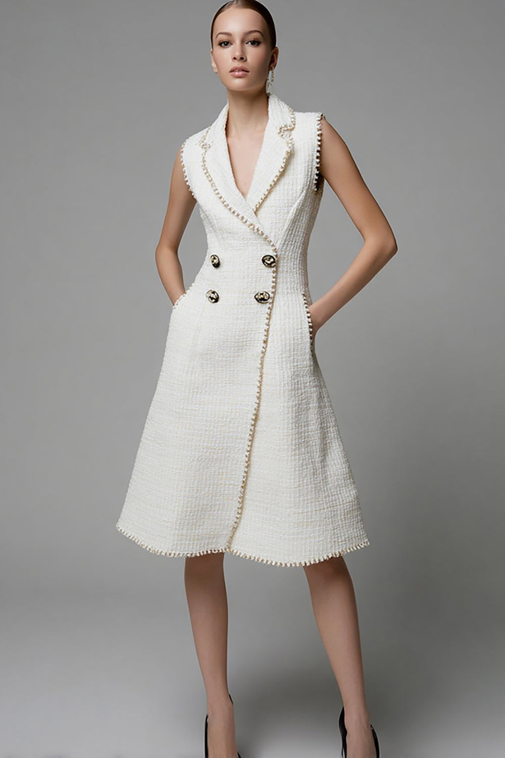 Ivory Notched Lapel Short Tweed Homecoming Outfits with Pockets