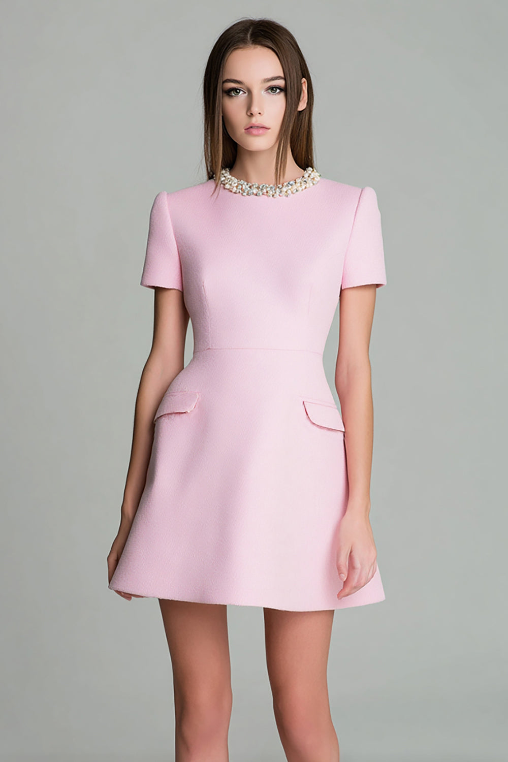 Pink A Line Round Neck Short Sleeves Homecoming Dress with Pearls