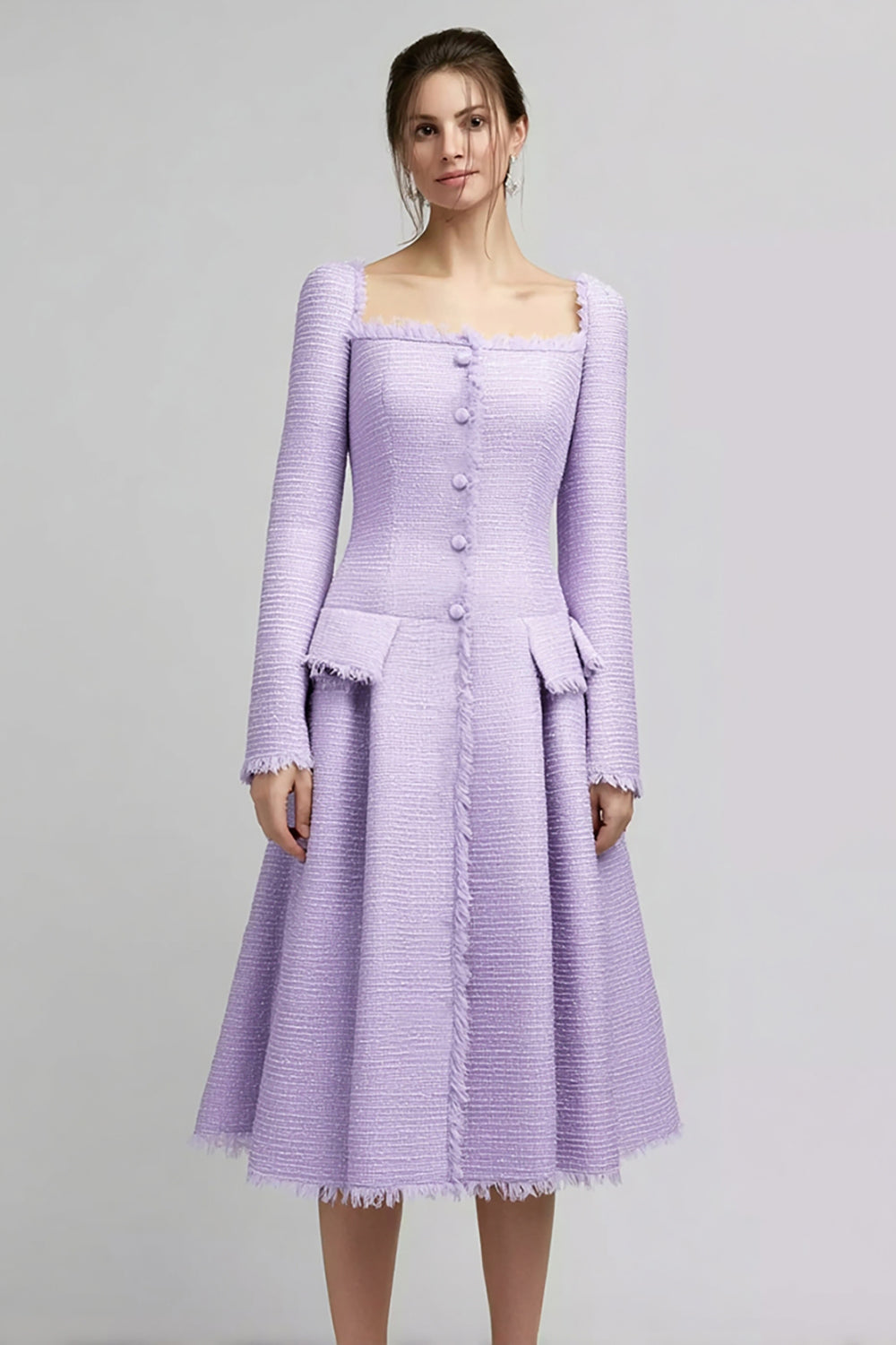 Lilac Square Neck Tweed Midi Homecoming Outfits with Sleeves
