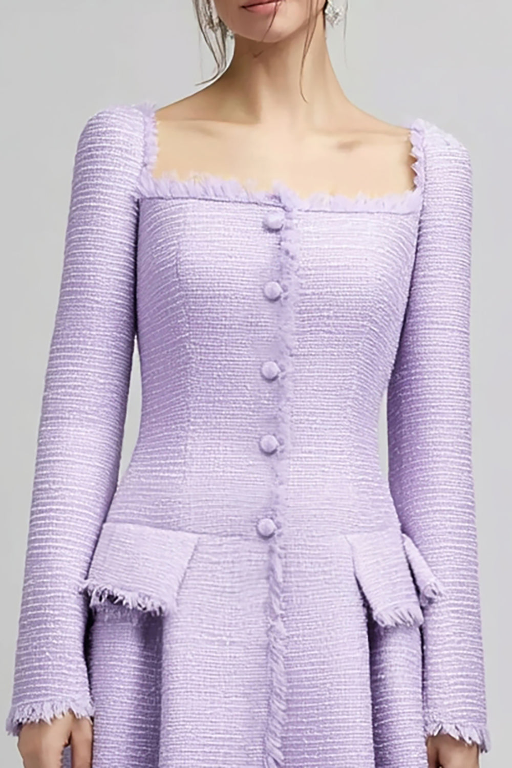 Lilac Square Neck Tweed Midi Homecoming Outfits with Sleeves