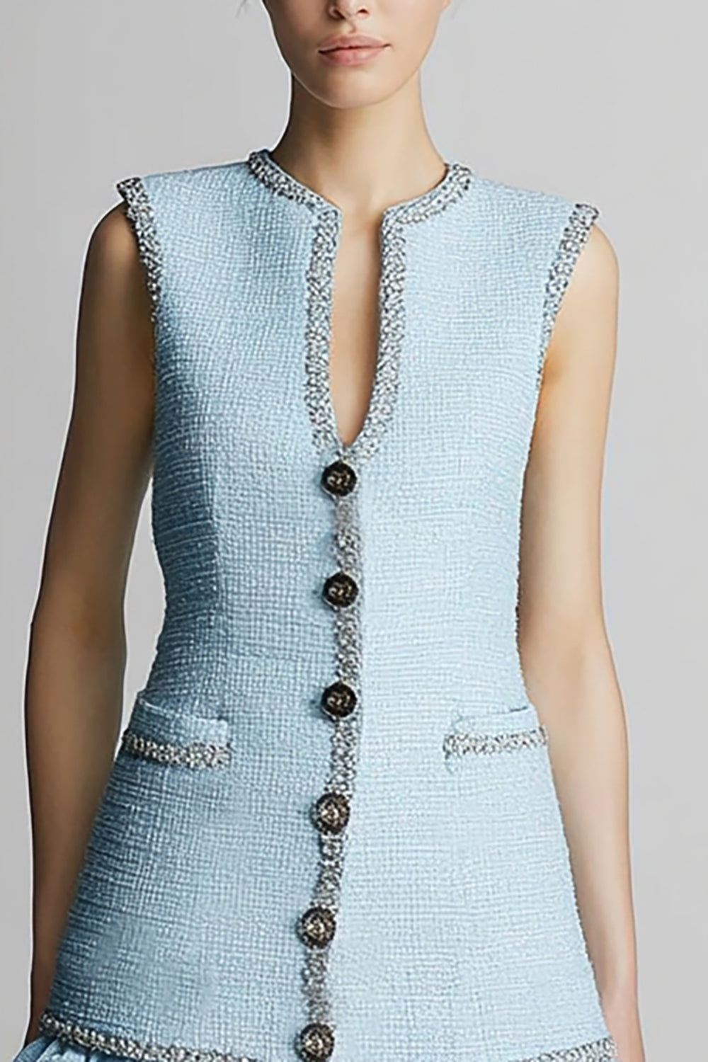 Sky Blue Tweed Tiered Short Tight Homecoming Dress with Ruffles