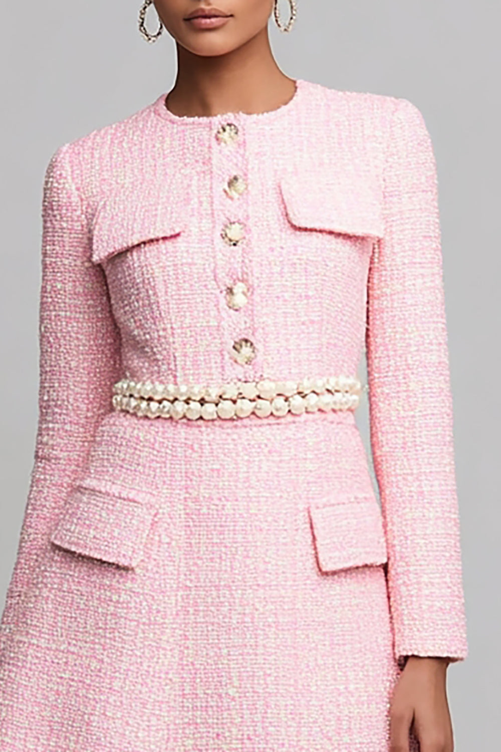 Pink Tweed A Line Pearls Short Homecoming Dress with Long Sleeves