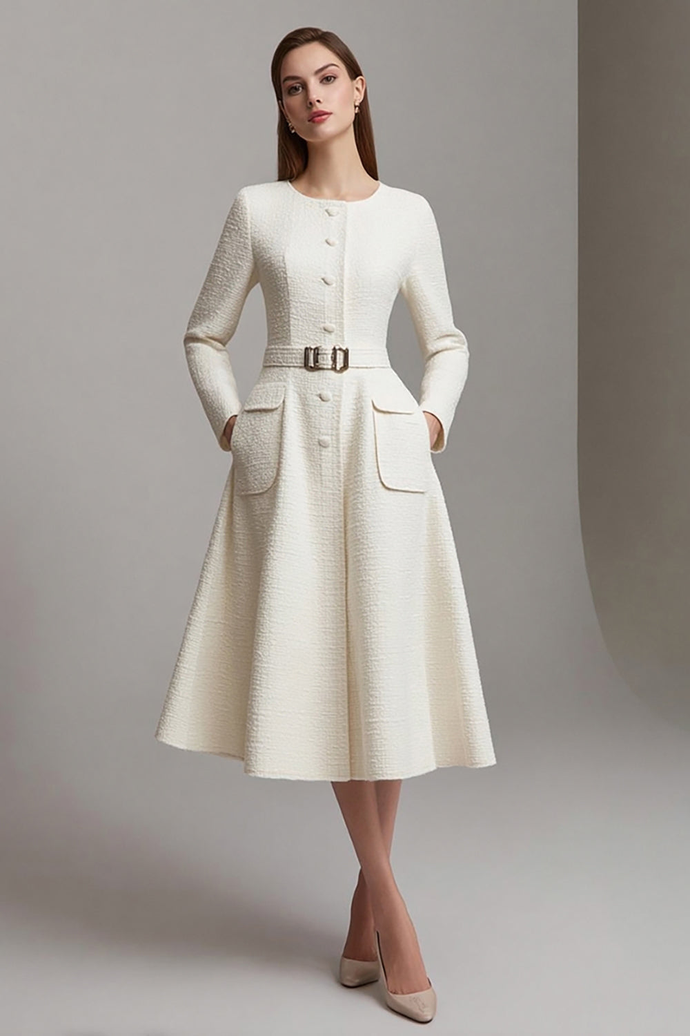 Ivory A Line Boat Neck Midi Tweed Homecoming Outfits with Belts