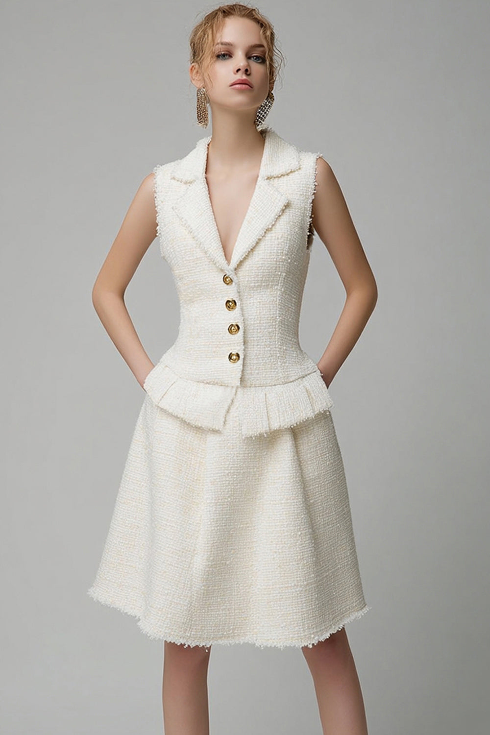 2 Piece Ivory Tweed Notched Lapel Short Homecoming Outfits