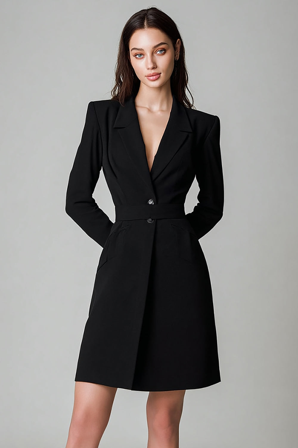 Black Single Breasted Peak Lapel Short Blazer Dress with Sleeves