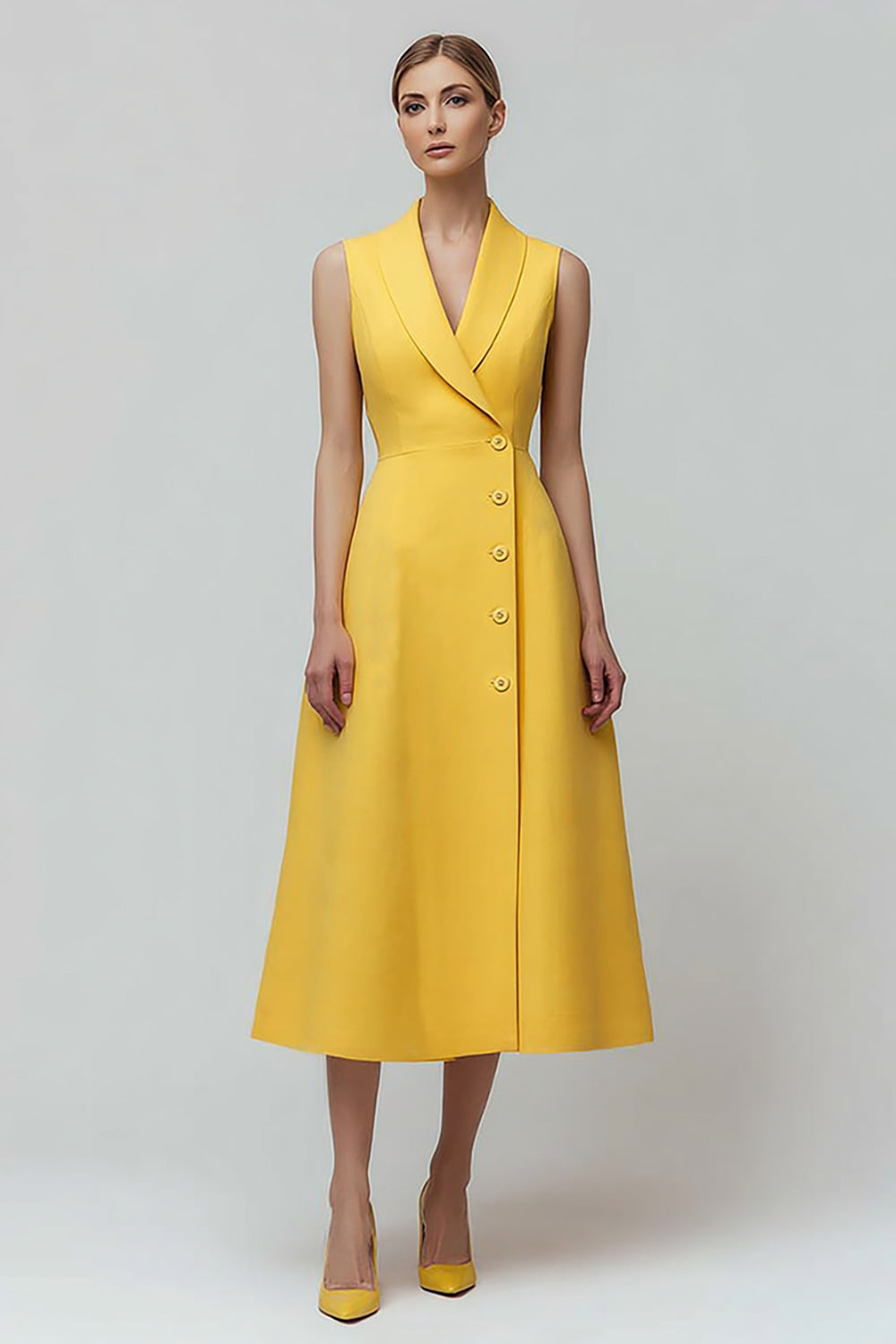 Yellow A Line Shawl Lapel Single Breasted Midi Blazer Dress