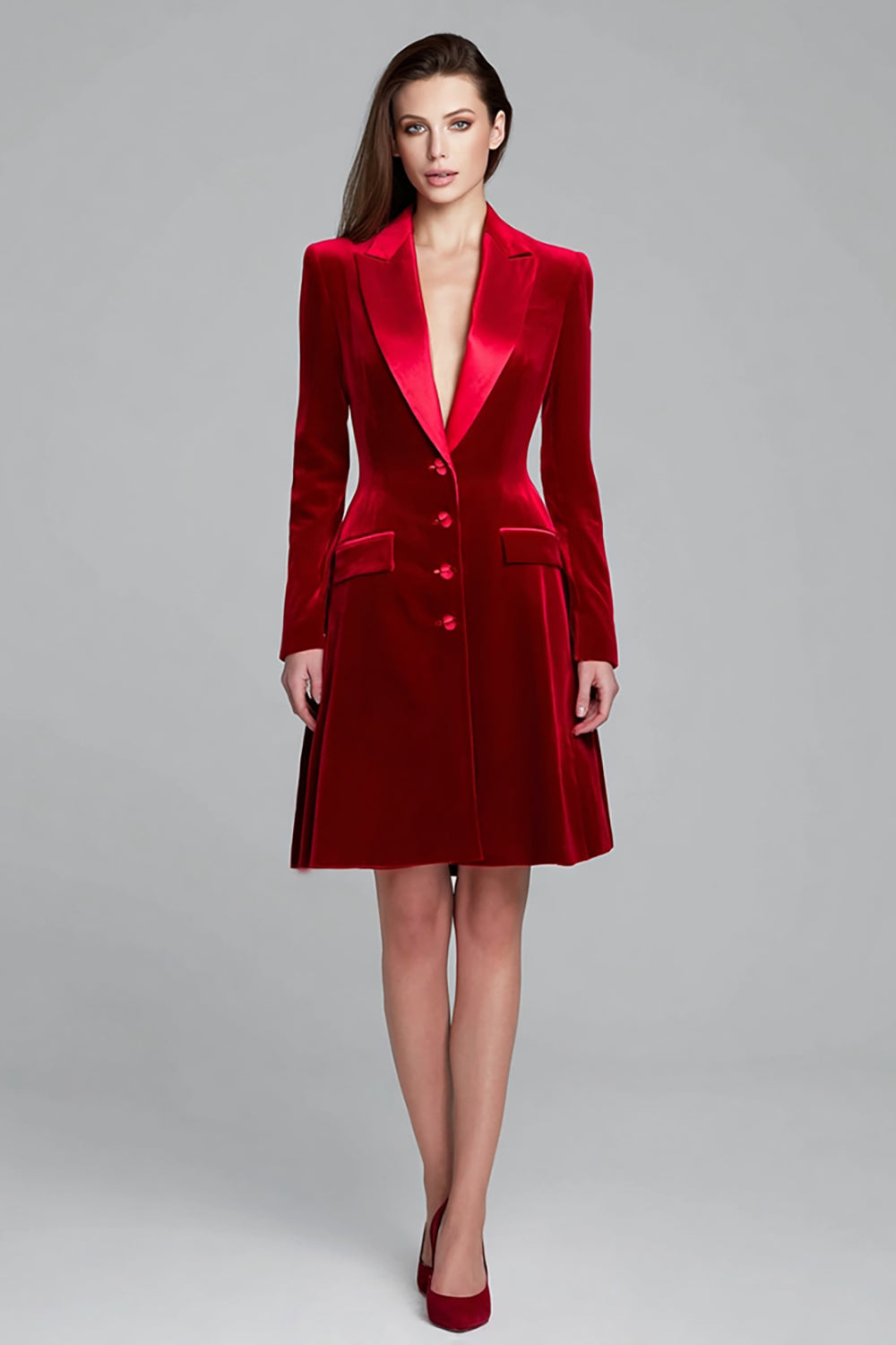 Burgundy Single Breasted Velvet Short Blazer Dress with Sleeves