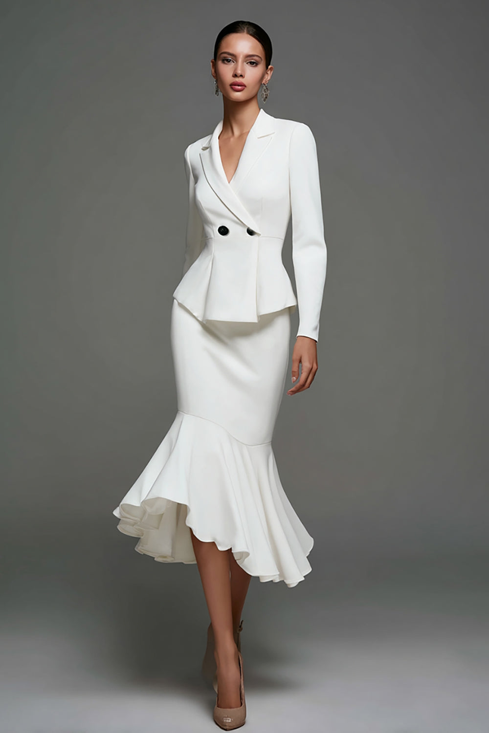 Ivory Notched Lapel Ruffled Satin Midi Blazer Dress with Sleeves