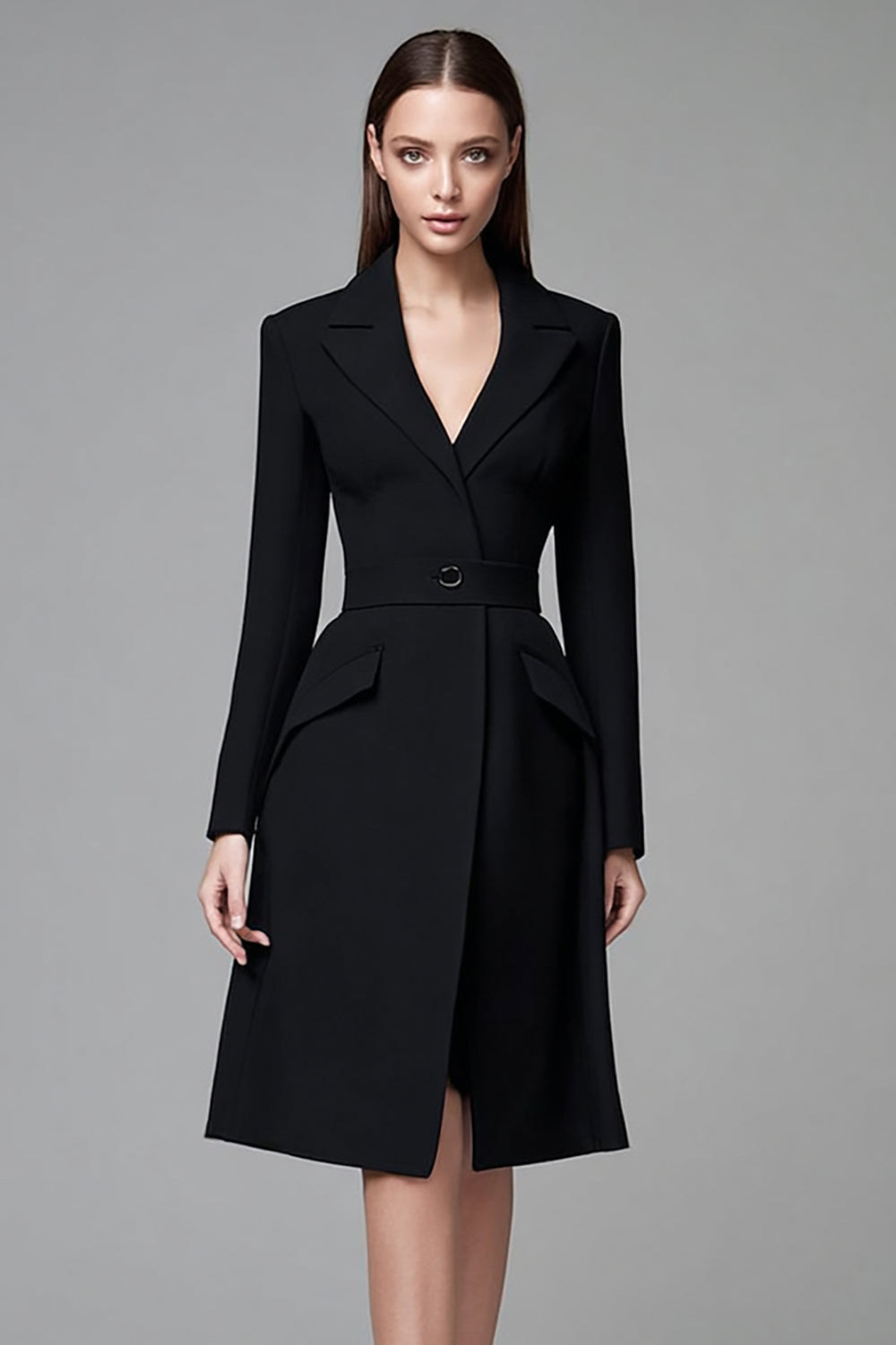 Black Peak Lapel Pencil Short Blazer Dress with Sleeves
