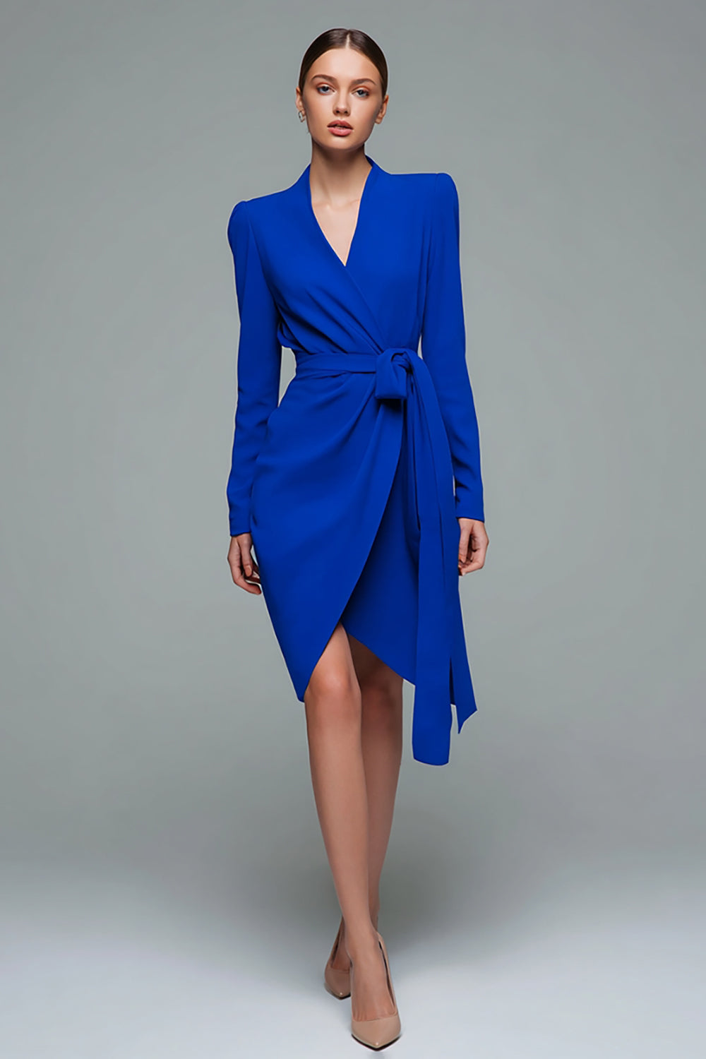 Simple Royal Blue V-Neck Short Bodycon Work Dress with Sash