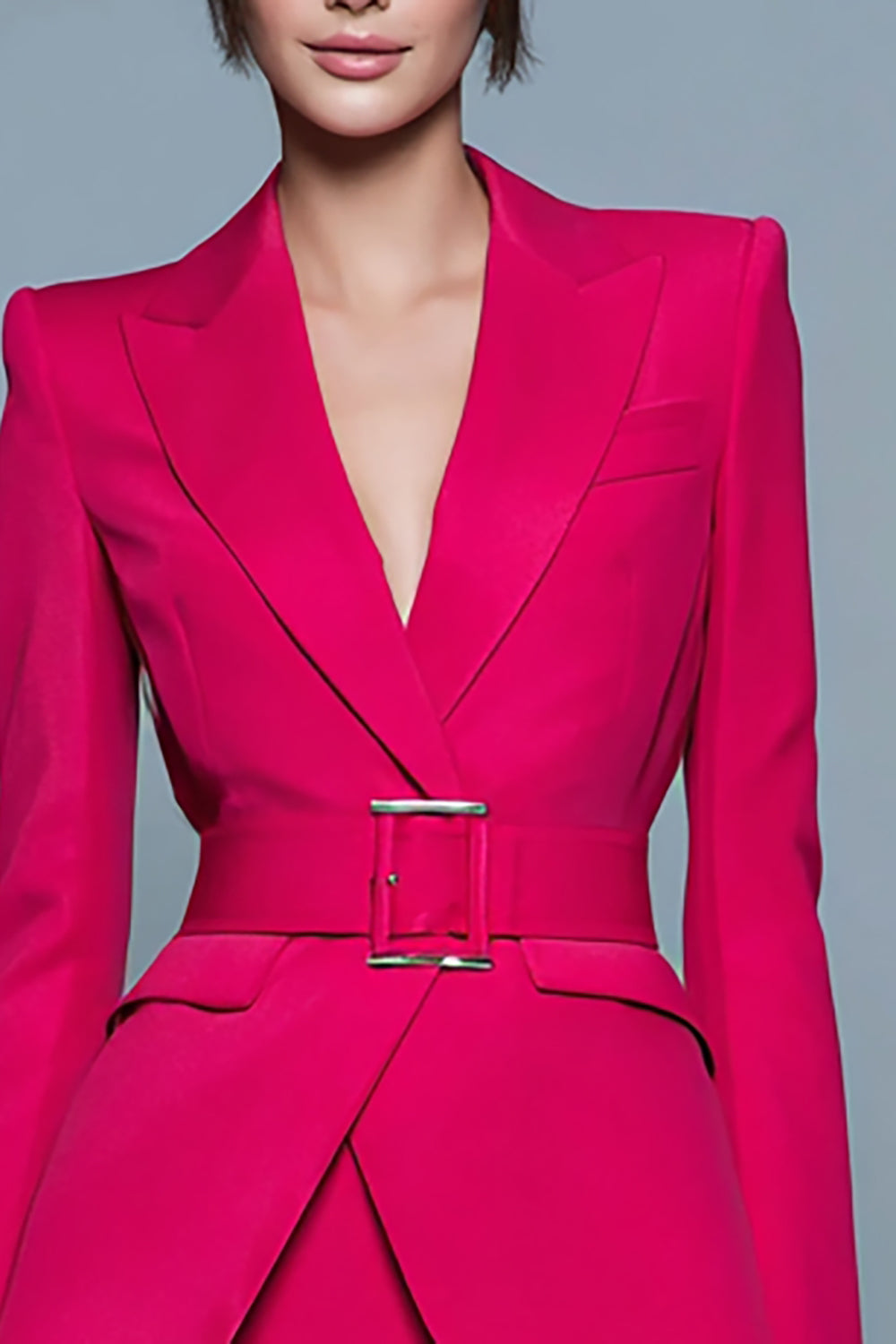Fuchsia 2 Piece Peak Lapel Satin Short Pencil Business Suits with Belt