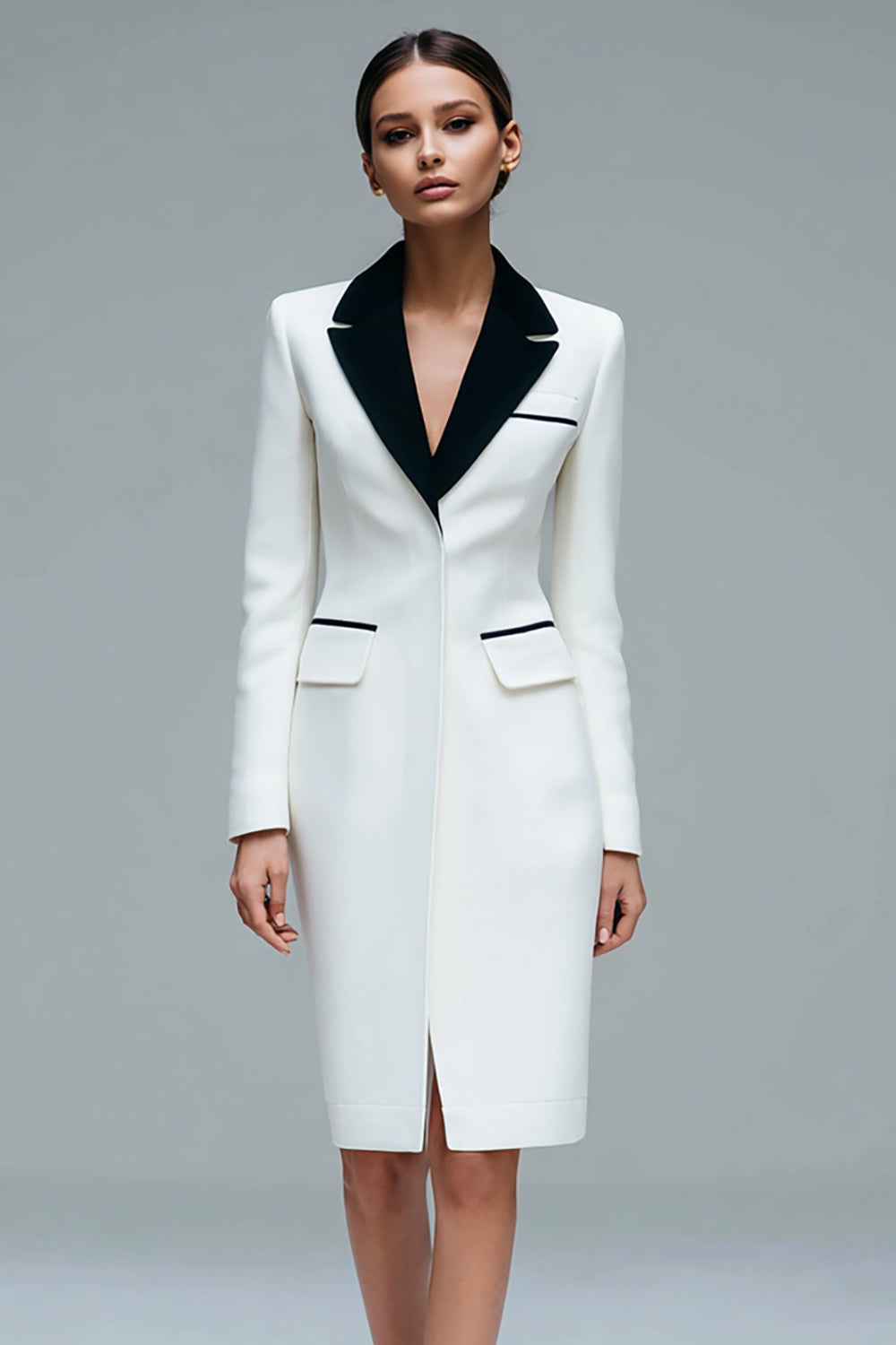 Ivory Peak Lapel Bodycon Satin Short Blazer Dress with Sleeves