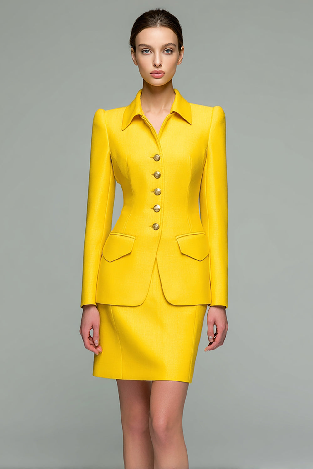 Yellow 2 Piece Collar Neck Satin Short Pencil Business Suits with Sleeves