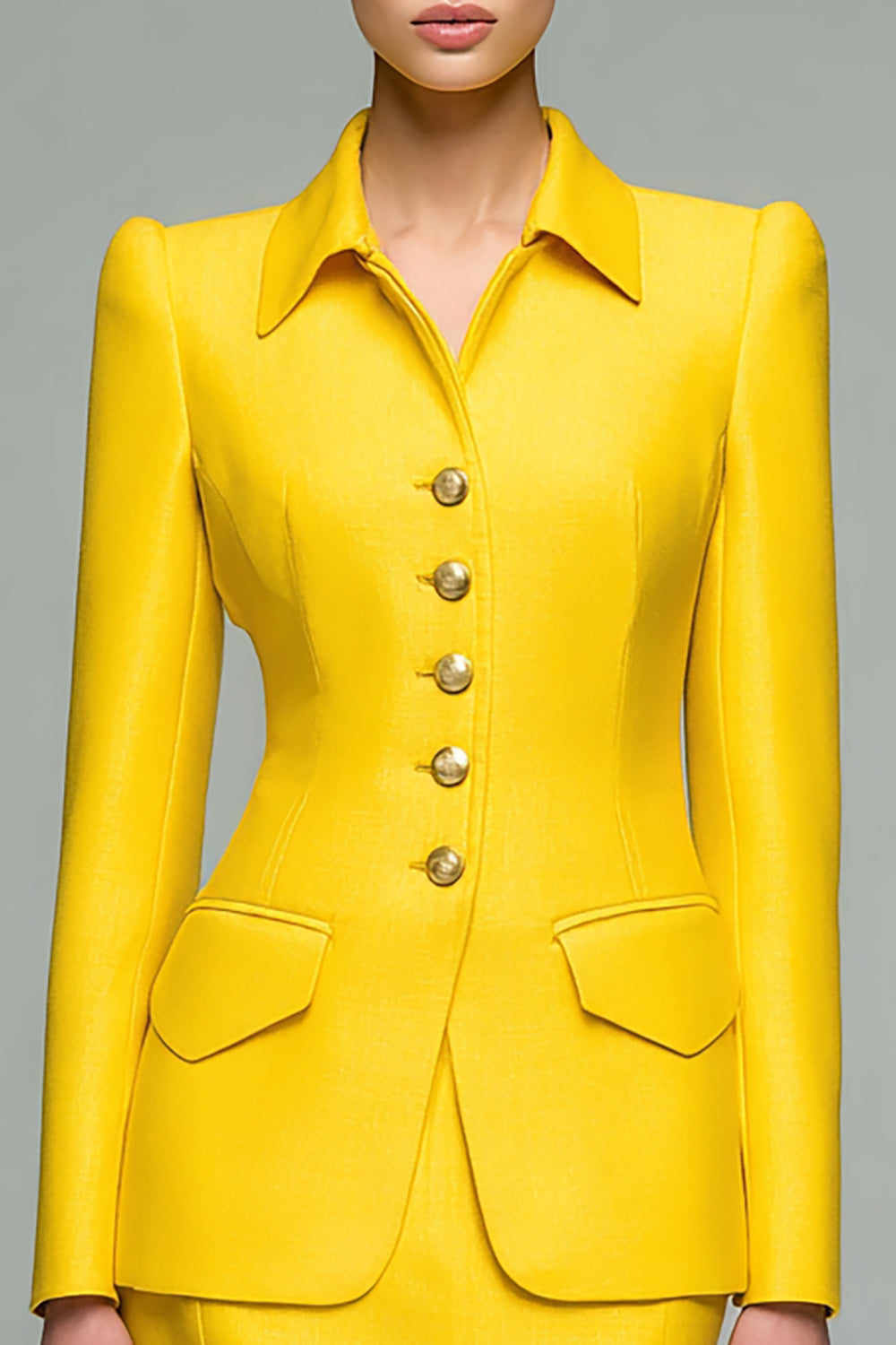 Yellow 2 Piece Collar Neck Satin Short Pencil Business Suits with Sleeves